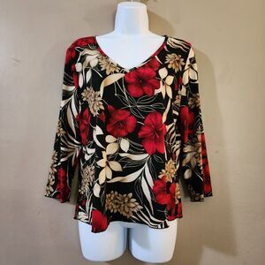 Dressbarn Womens V-Neck Top Size SP Petite Red Floral 3/4 Sleeve Stretch Knit